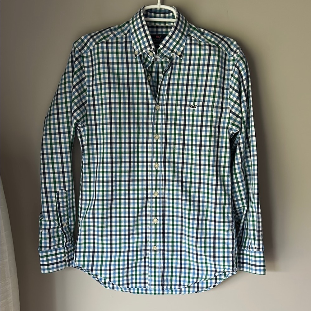 VINEYARD VINES Men’s Blue/Green Gingham Tucker Long Sleeve Button Down Shirt
